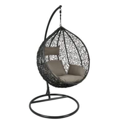 ISABEL Κρεμαστή Πολυθρόνα, Wicker Dark Grey, Μέταλλο Βαφή Σκούρο Γκρι, Μαξιλάρι Καφέ